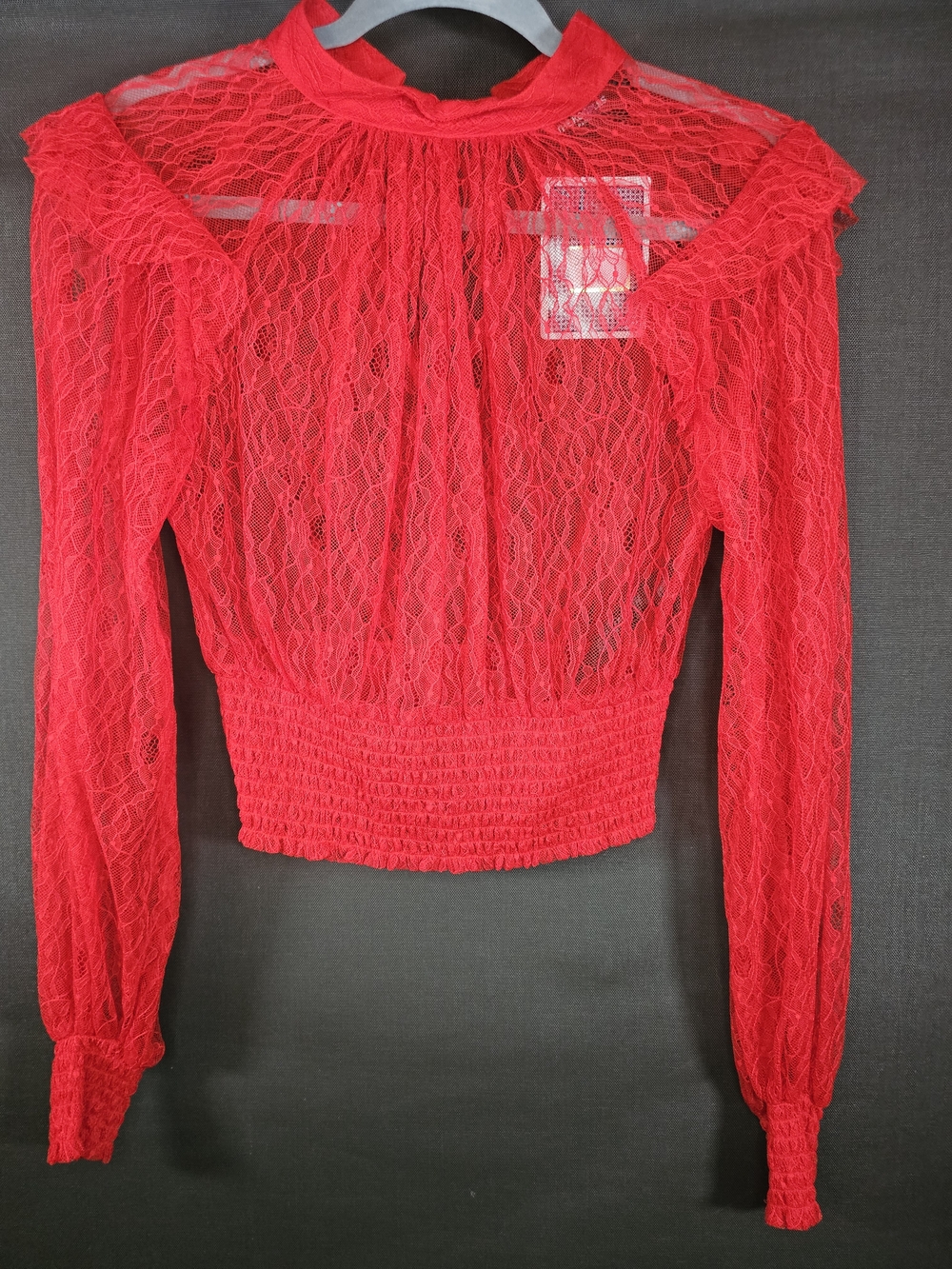 The Kooples Vibrant Red Lace High-Neck Smocked Blouse
